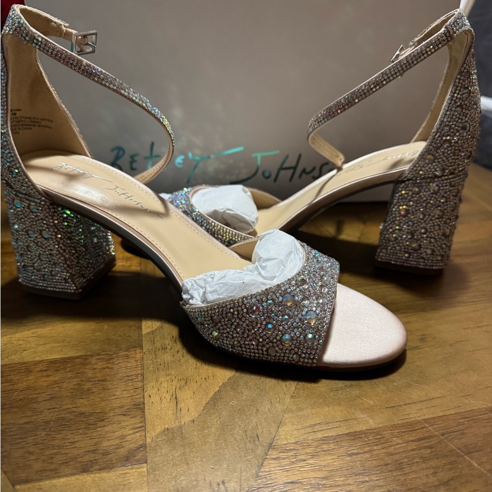 Betsey Johnson Kami Rhinestone Sparkling Block Heels - Silver and Cream
